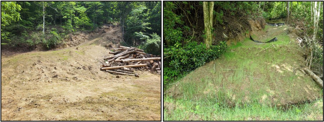 Figure 11. Grass seed and straw (left) and grass seed and silt fence (right) implemented as a close-out BMP on skid trails to stabilize the soil. Silt fences help slow down runoff and erosion that, in turn, can help grass seed germination. (Photo credit: (left) Andrew Vinson, Virginia Department of Forestry and (right) North Carolina Forest Service)