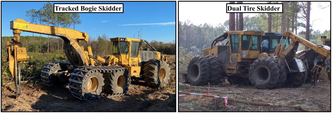 Figure 13. Tracked (left) or dual tire (right) skidders reduce ground pressure and can help minimize soil rutting and compaction when harvesting on wet sites.