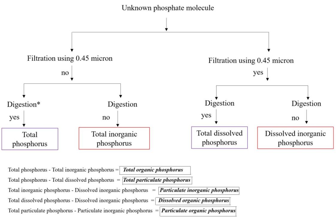 Figure 2. Schematic representation of the different phosphorus species in runoff water based on filtration and digestion method. The digestion of the water samples can be done using an autoclave or microwave-assisted digestion. (Figure credit: Modified from L. Felgentreu, G. Nausch, F. Bitschofsky, M. Nausch, D. Schulz-Bull, and P. Worsfold, I. McKelvie, and P. Monbet.)