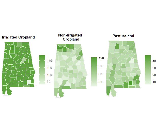 Figure 2. Alabama farmland cash rent by county 2024 ($/acre)