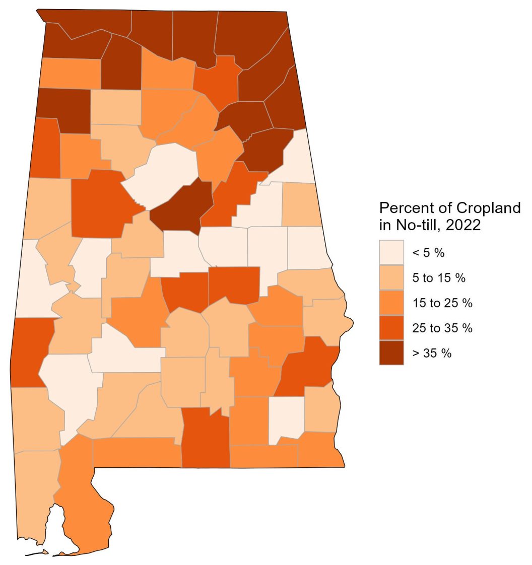 Alabama map of no-till as a percentage of cropland by county in 2022