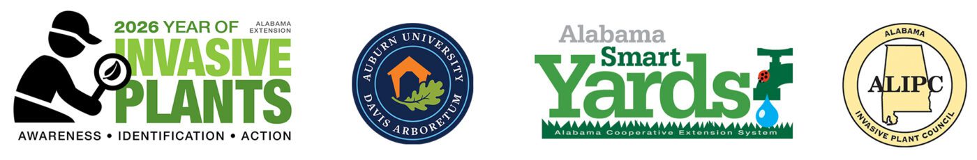 Several logos on a white background including the following: Alabama Extension 2026 Year of Invasive Plants; Alabama Smart Yards; Auburn University Davis Arboretum; and Alabama Invasive Plant Council.