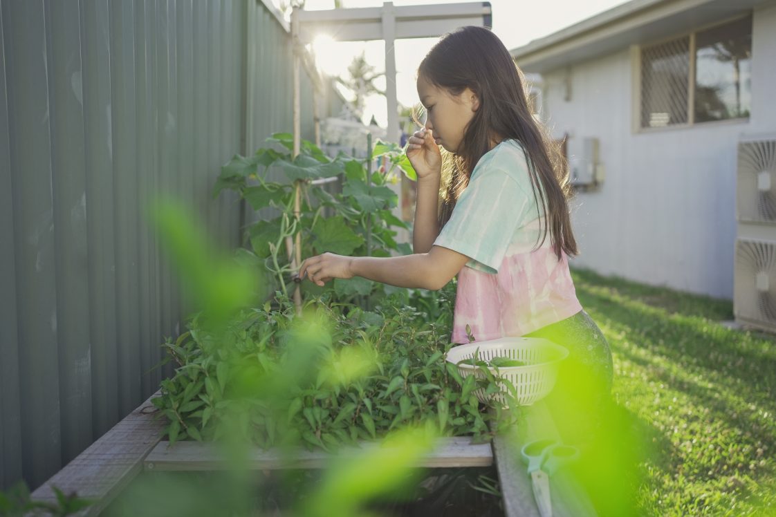 A young Asian girl tending plants in containers in the backyard.