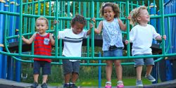 A group of young children playing on a play ground in a park.