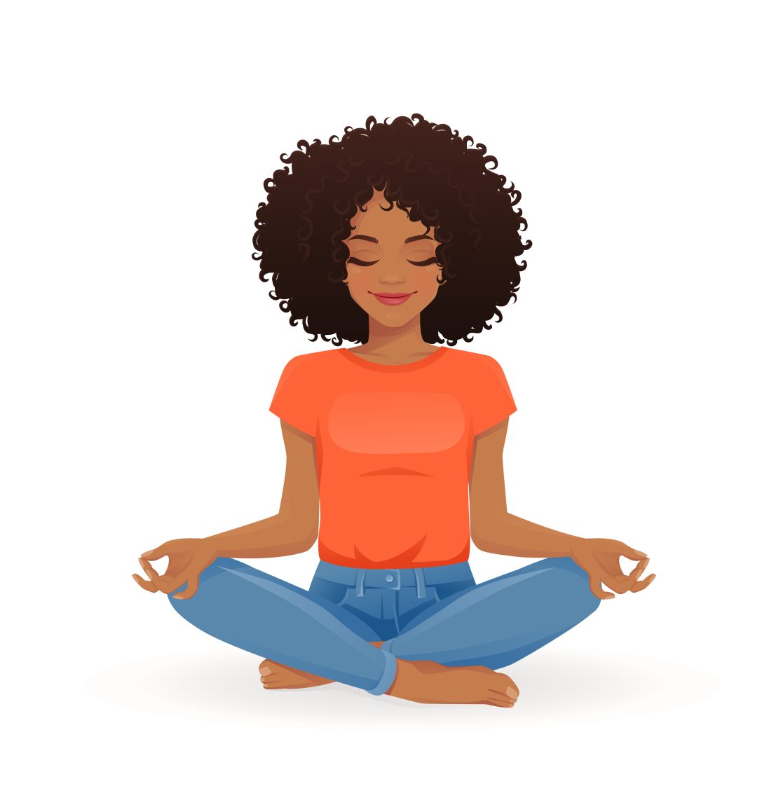 A illustration of a young Black woman practicing yoga sitting in lotus pose with crossed legs.