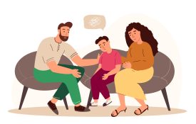 An illustration of a an upset young boy and his parents sitting on a couch.