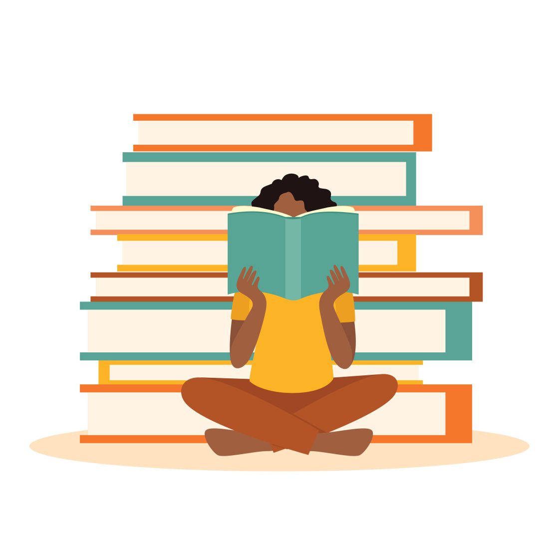An illustration of a Black girl reading a book with a lot of books behind her.