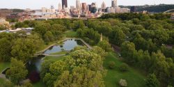 A drone shot of an urban/city park with ponds and tree coverage.