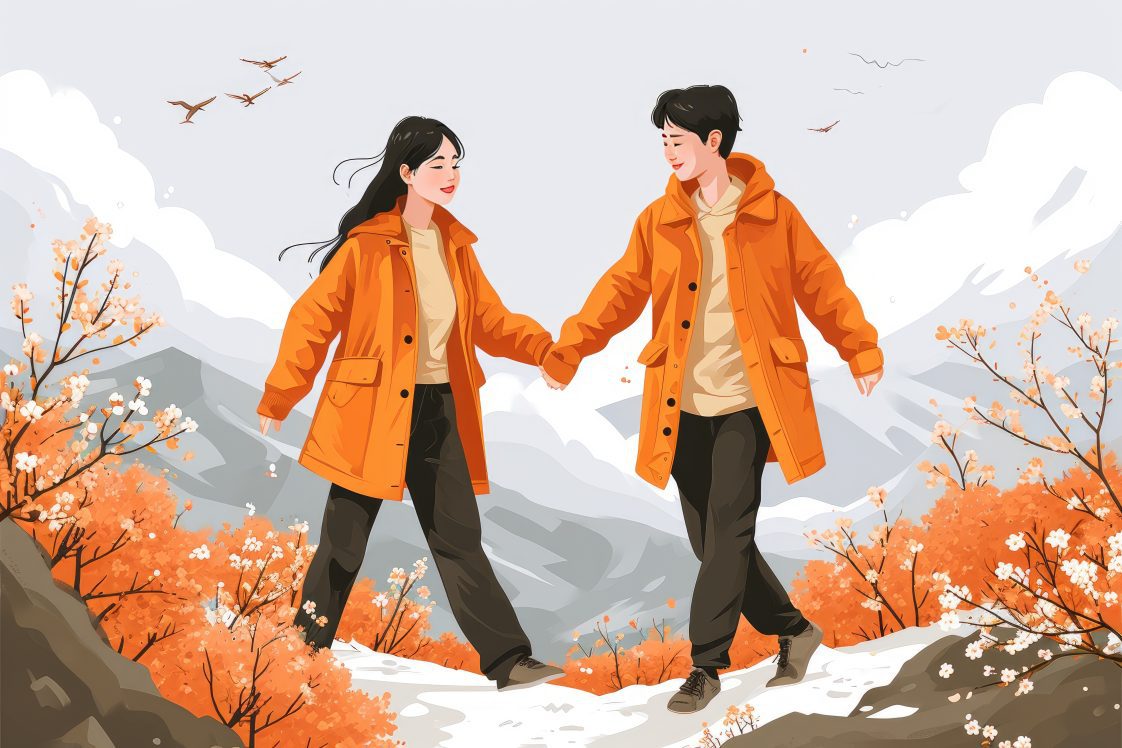 An illustration of a Japanese couple in love walks in the snowy mountains.