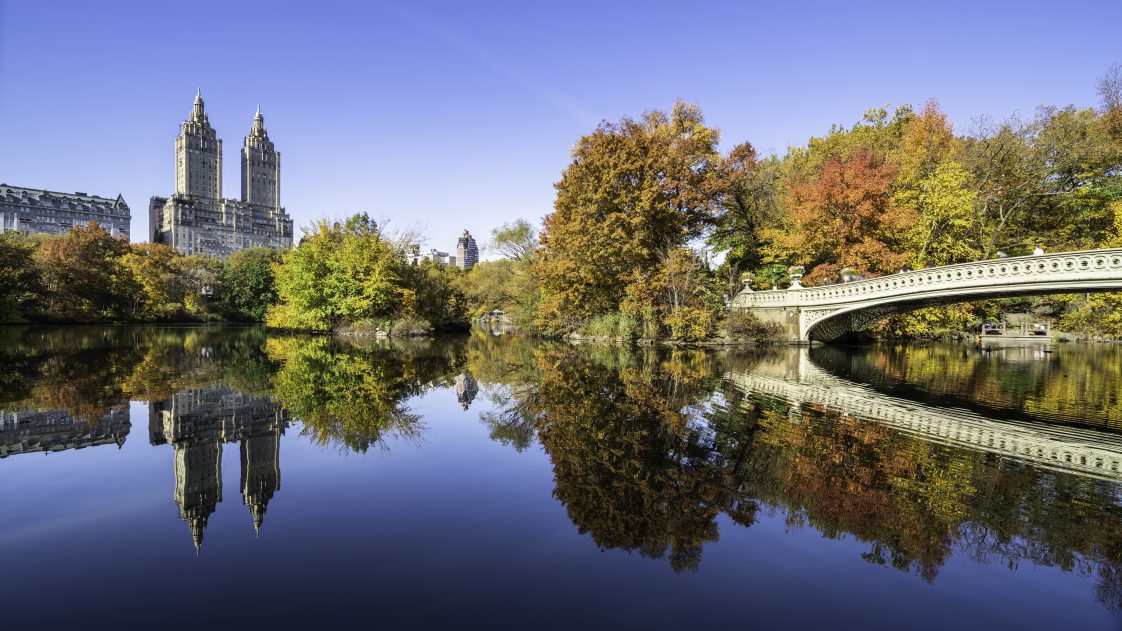New York's Central Park features fall foliage reflected on the Central Park Lake. Also seen here is Bow Bridge, one of the famous landmarks in the park.