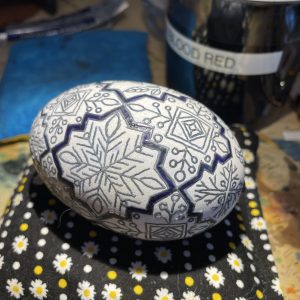 A decorated egg done by Brigid McCrea.