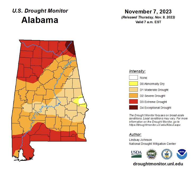 A map of the Alabama U.S. Drought Monitor from November 7, 2023.