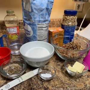 Ingredients used to make brittle sitting on a countertop.
