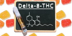 Gummy candies on a white background with a chalkboard that has the words "Delta-8-THC" written on it.