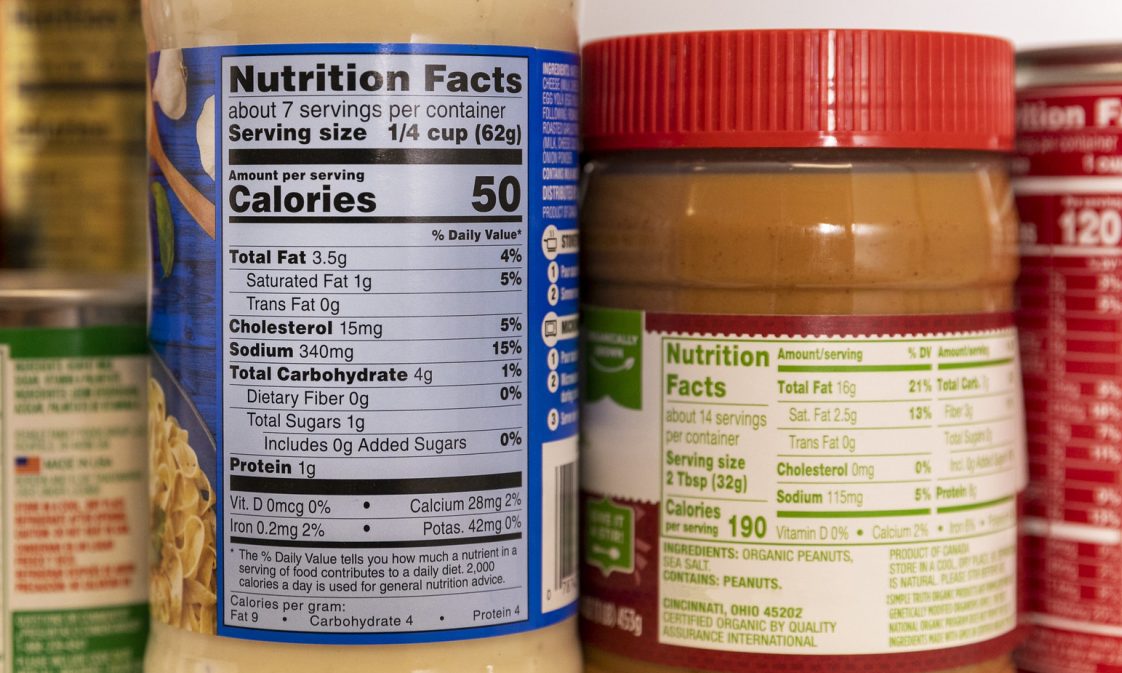 The nutrition labels on jars of pasta sauce and peanut butter.