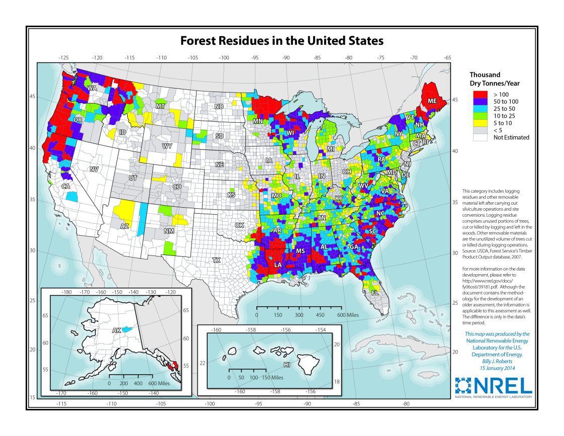 Figure 4. Forest residues in the United States. (Image source: NREL)