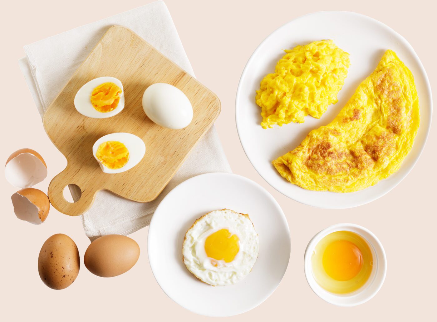 Plates of eggs prepared in different ways, such as poached, scrambled, fried, etc.