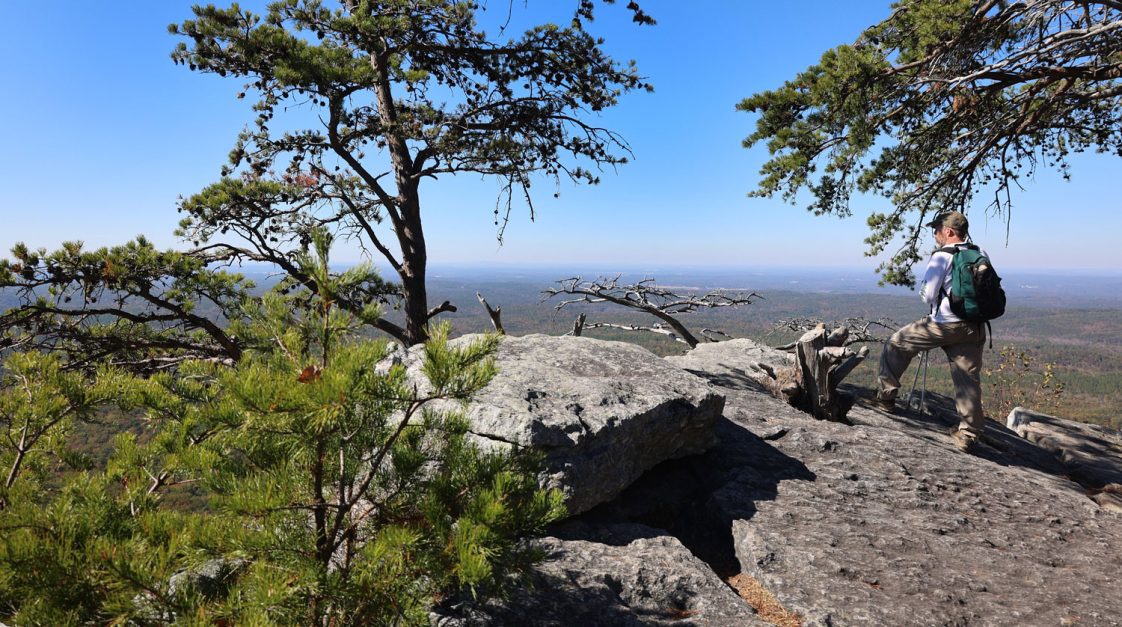 A hiker overlooking a valley at Cheaha State Park in Alabama.