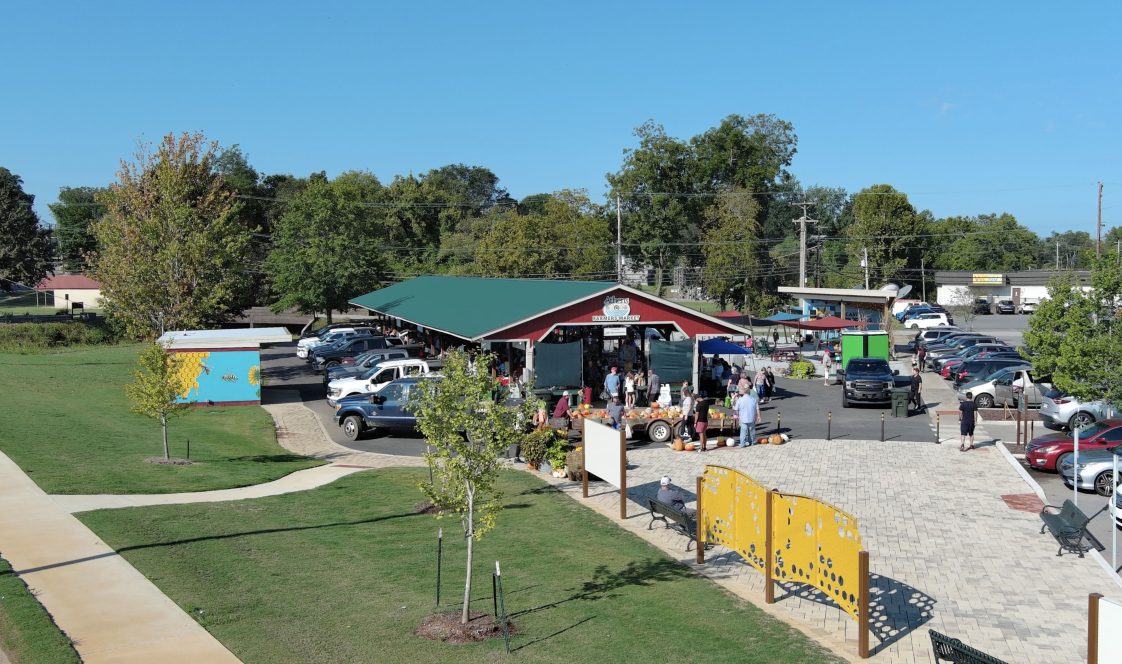 A bird's-eye view of the Athens Farmers Market.