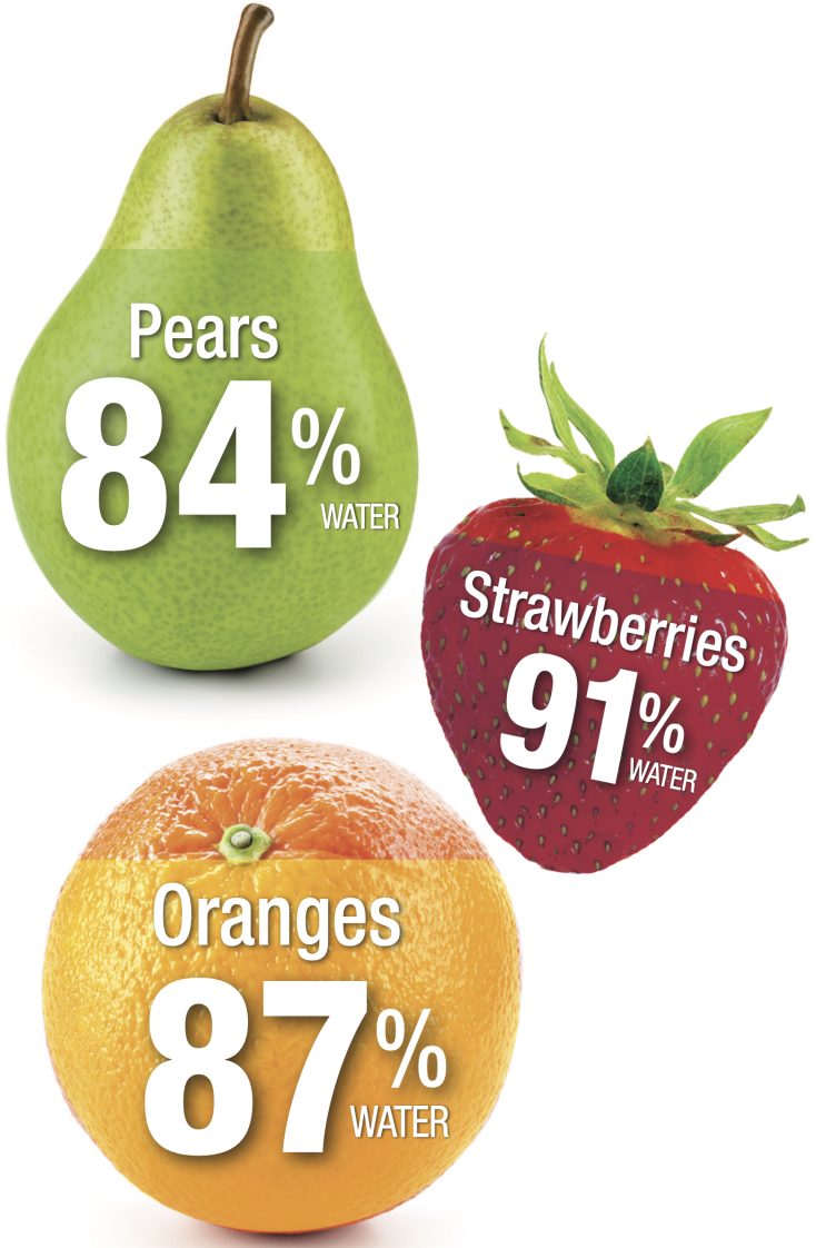 Pears are 84% water, strawberries are 91% water, and oranges are 87% water.