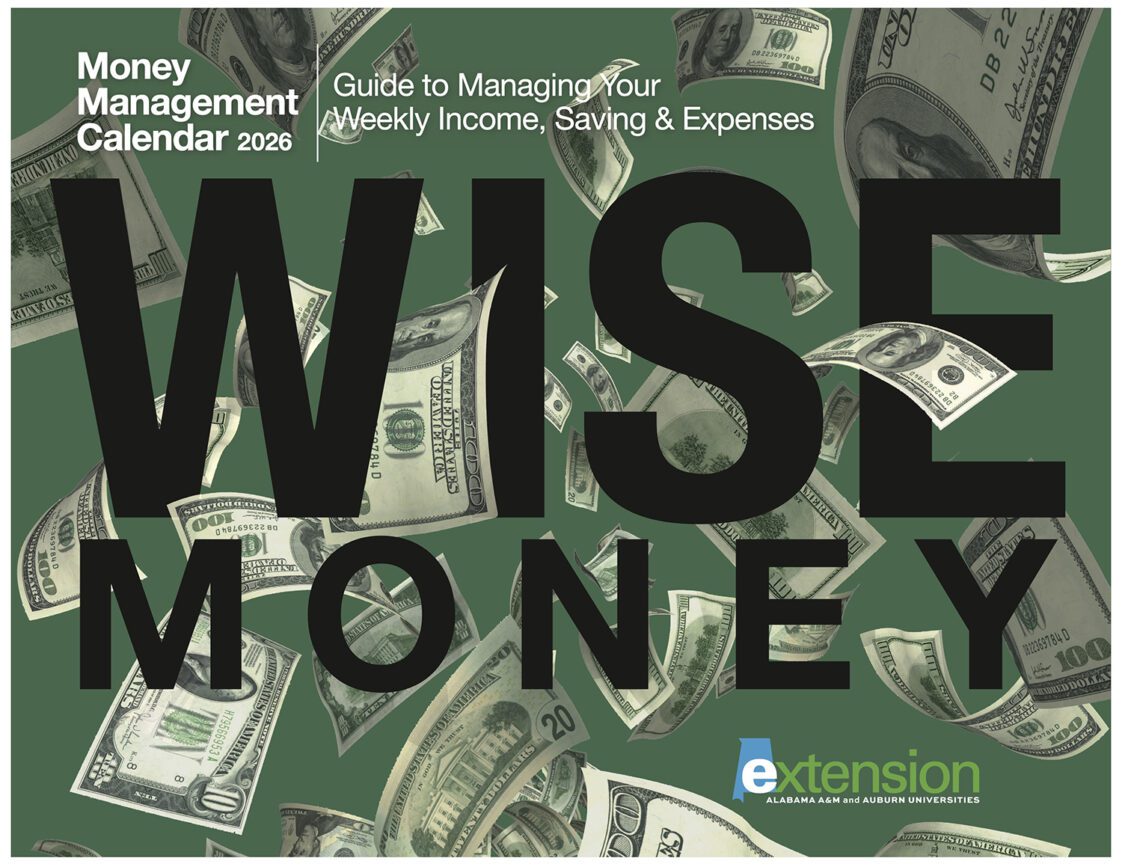 The cover of the WISE Money Management Calendar, which shows money on top of a dark-green background with the following words: Guide to Managing Your Weekly Income, Saving & Expenses.