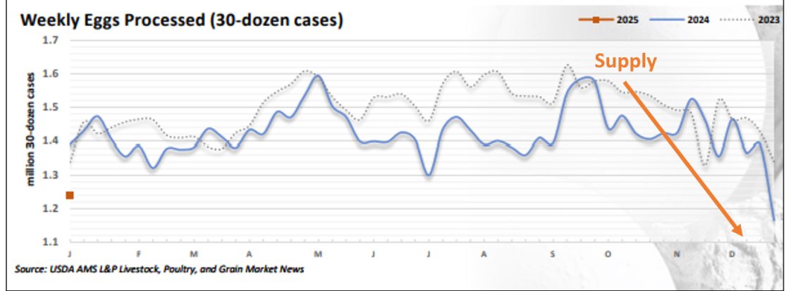 Figure 1. Fewer laying hens equals fewer eggs. This graph shows the significant drop in the number of eggs processed at the end of 2024.