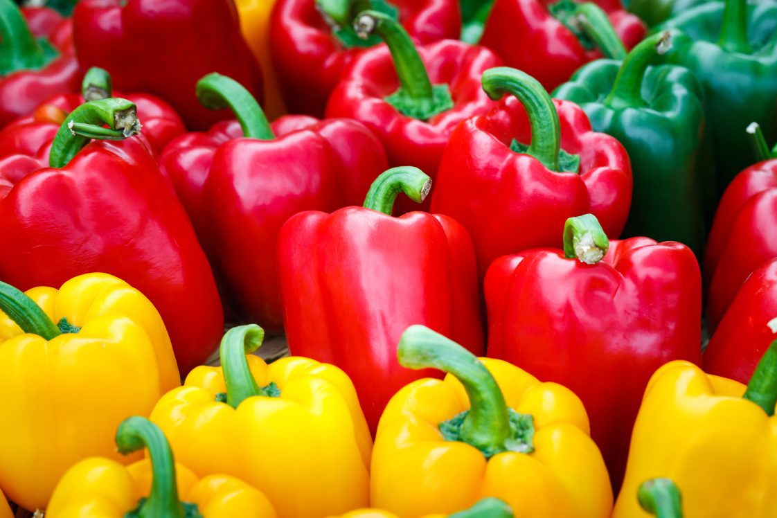 Yellow, red, and green bell peppers