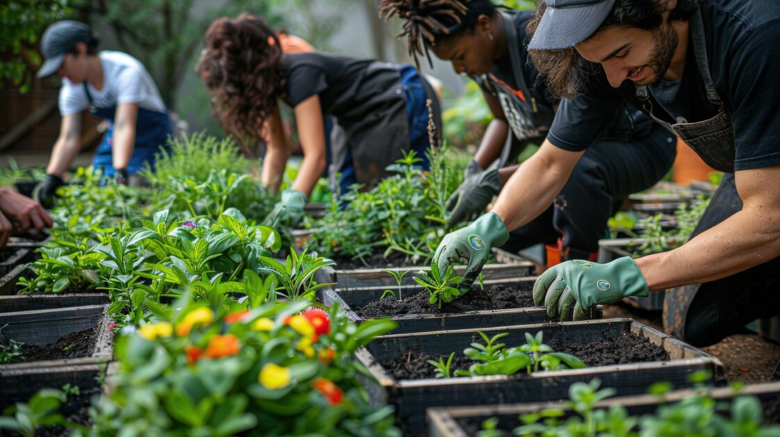 A group of people planting in a raised bed garden.