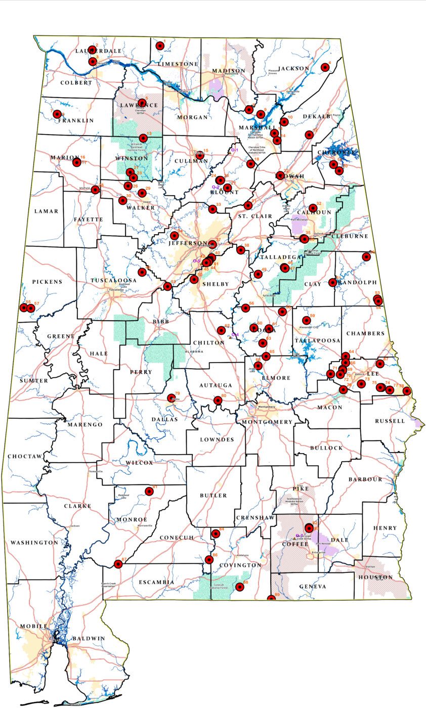 A map of the state of Alabama showing locations of confirmed low-head dams in Alabama.