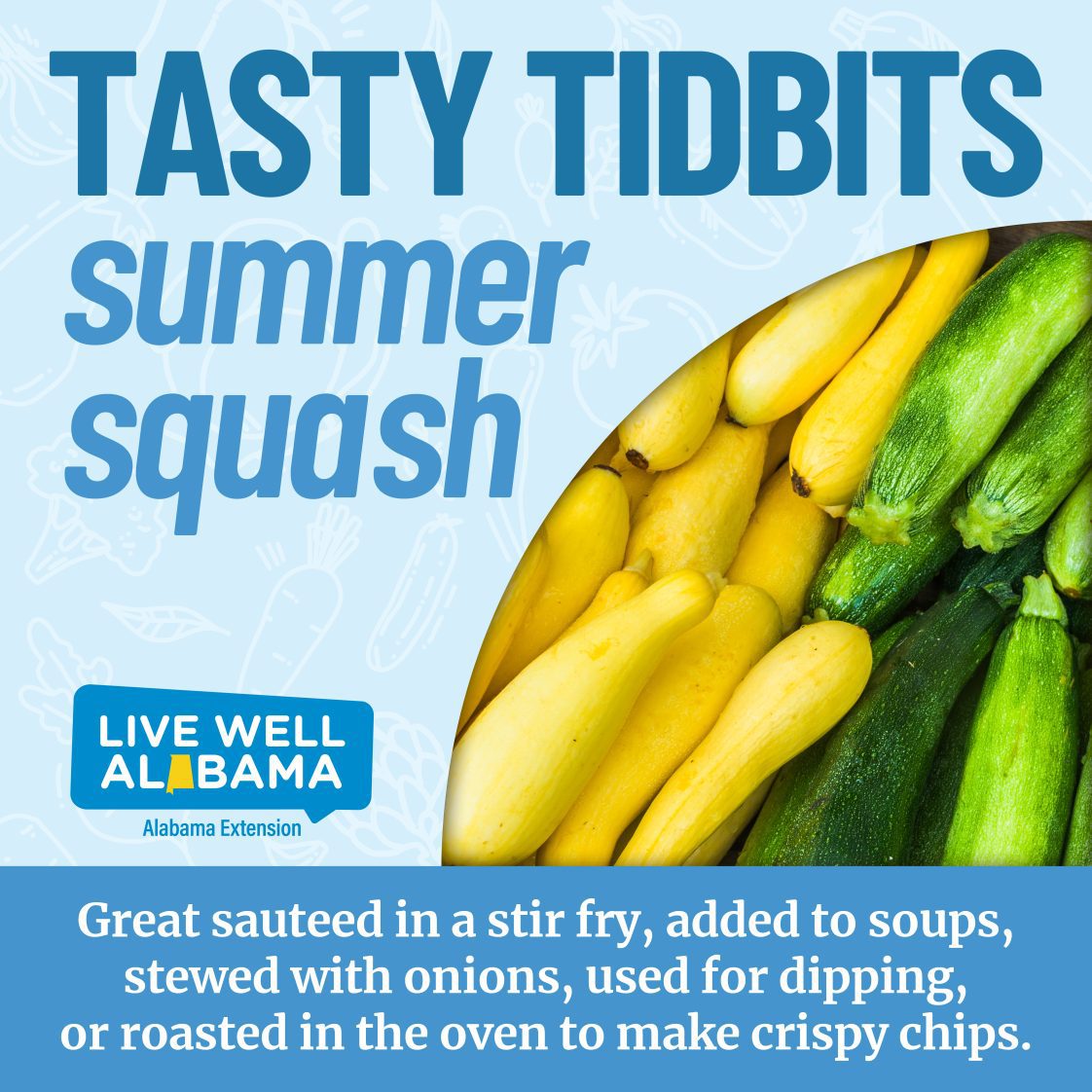 A graphic with a picture of summer squash with the following text: Tasty Tidbits Summer Squash. Great sautéed in a stir fry, added to soups, stewed with onions, used for dipping, or roasted in the oven to make crispy chips. 