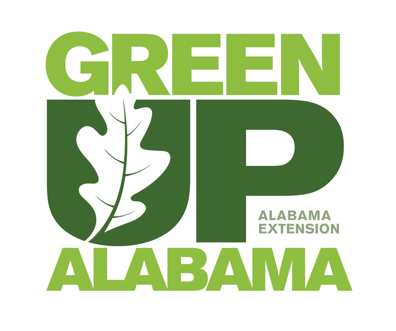 The Green Up Alabama Alabama Extension logo, which includes those words and the icon of a leaf.