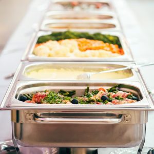 Catering Food in heated chafing dishes.