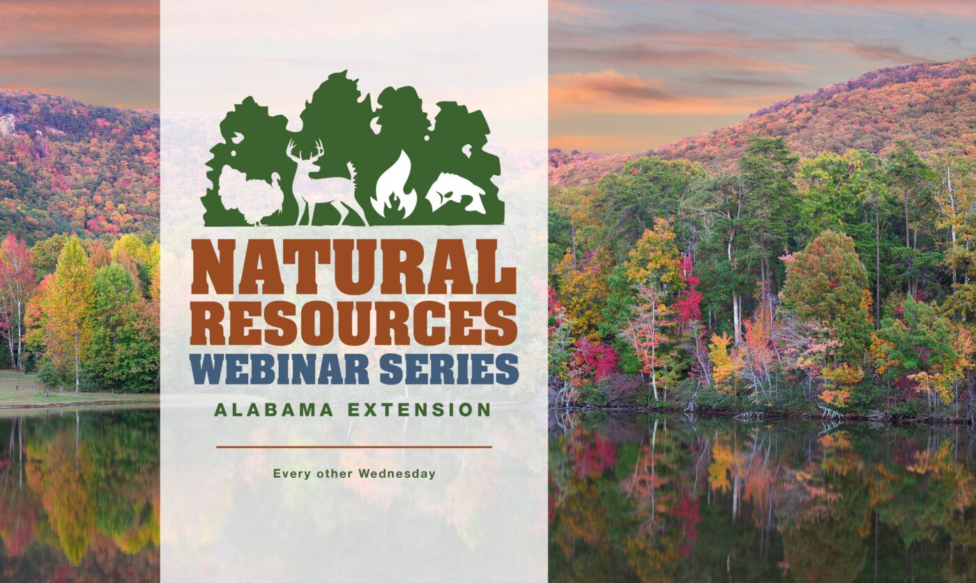 The Natural Resources Webinar Series Alabama Extension logo on top of an image of trees in fall along a pond.