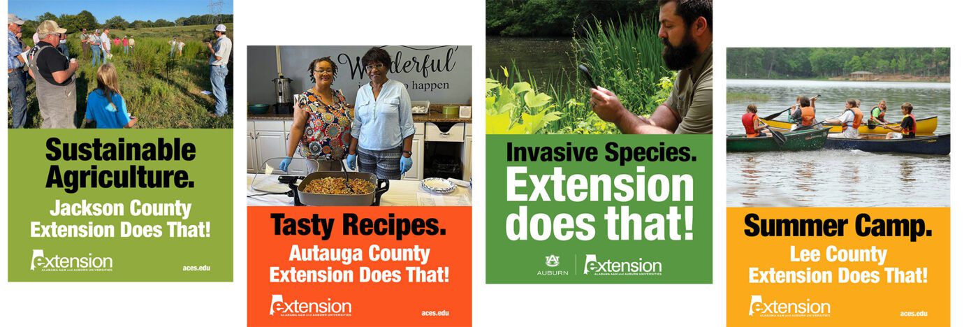 Colorful Extension Does That! social media graphics that showcase various pictures of Extension programs and events.