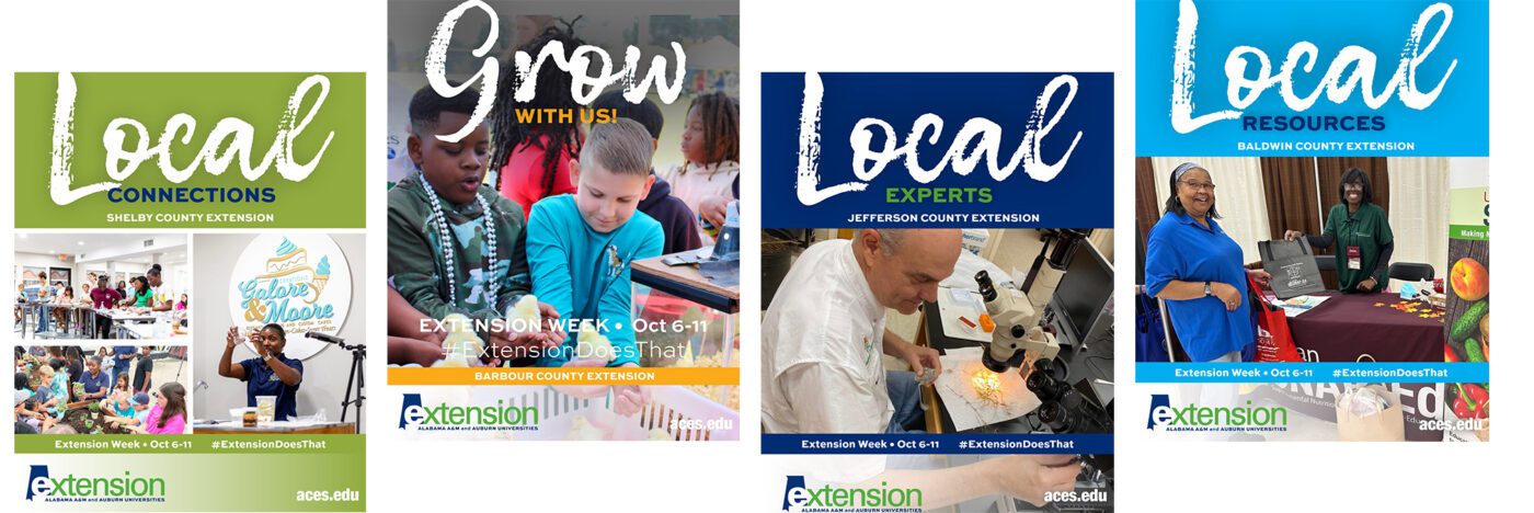 Colorful Extension Week social media graphics that showcase various pictures of Extension programs and events.