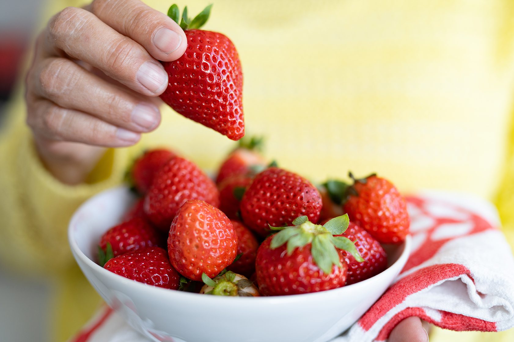 Close-up on senior woman's hand holding a bowl of red fresh ripe strawberries.