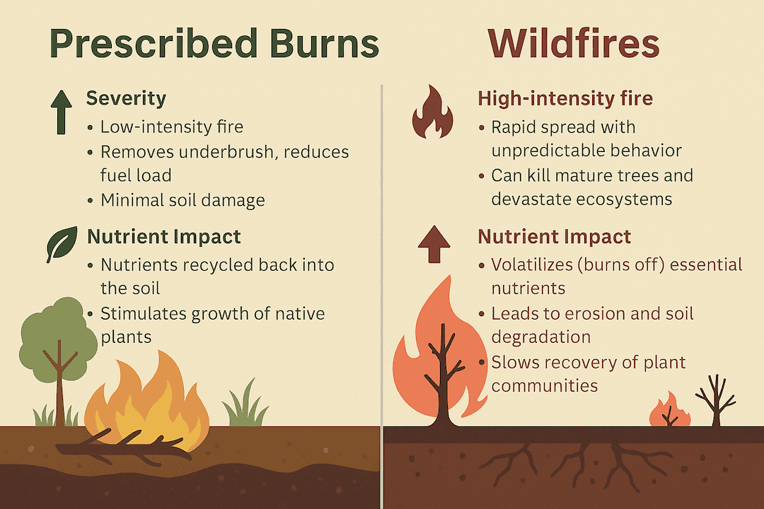 Prescribed Burns: Severity, Low-intensity fire, removes underbrush, reduces fuel load, minimal soil damage, Nutrient Impact, Nutrients recycled back into the soil, stimulates growth of native plants Wildfires, high-intensity fires, and rapid spread with unpredictable behavior can kill mature trees and devastate ecosystems. Nutrient Impact, Volatilize (burn off) essential nutrients, leads to erosion and soil degradation, and slows the recovery of plant communities