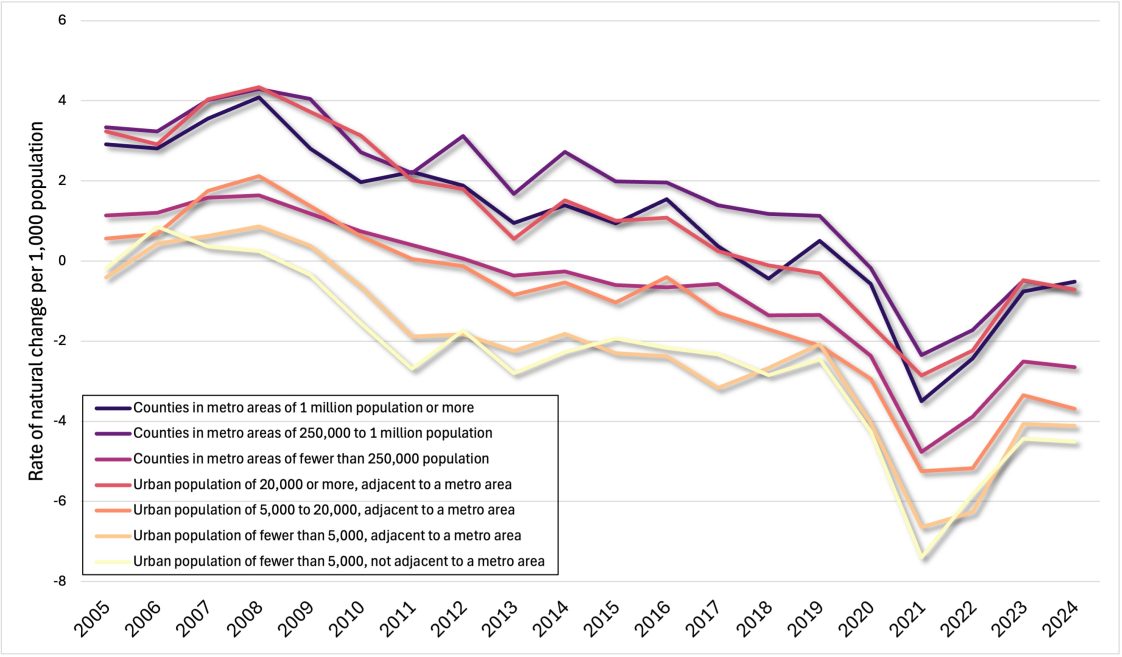 Figure 4. Rate of natural change (births minus deaths) by county type, 2005 to 2024. Sources: U.S. Census Bureau Population Division and U.S. Department of Agriculture, Economic Research Service.