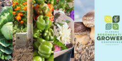 Collage with cabbage, a shovel, cut flowers, bell peppers, and mushrooms with the Alabama Regenerative Growers Conference logo
