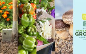 Collage with cabbage, a shovel, cut flowers, bell peppers, and mushrooms with the Alabama Regenerative Growers Conference logo