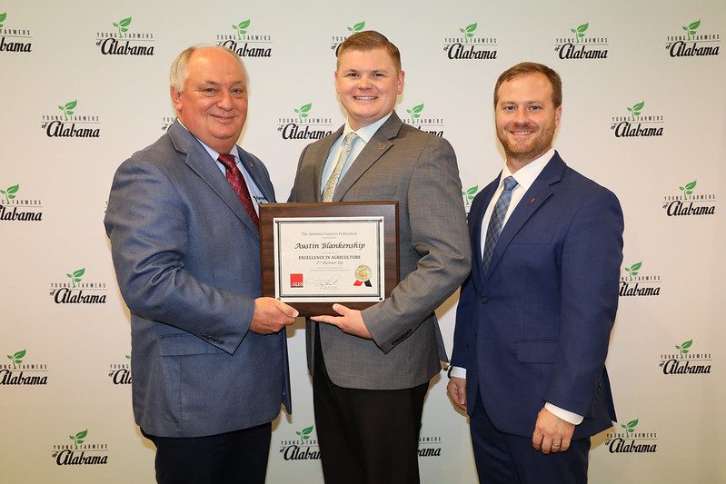 From left are Federation President Jimmy Parnell, Austin Blankenship and Federation Young Farmers Division Director Hunter McBrayer.