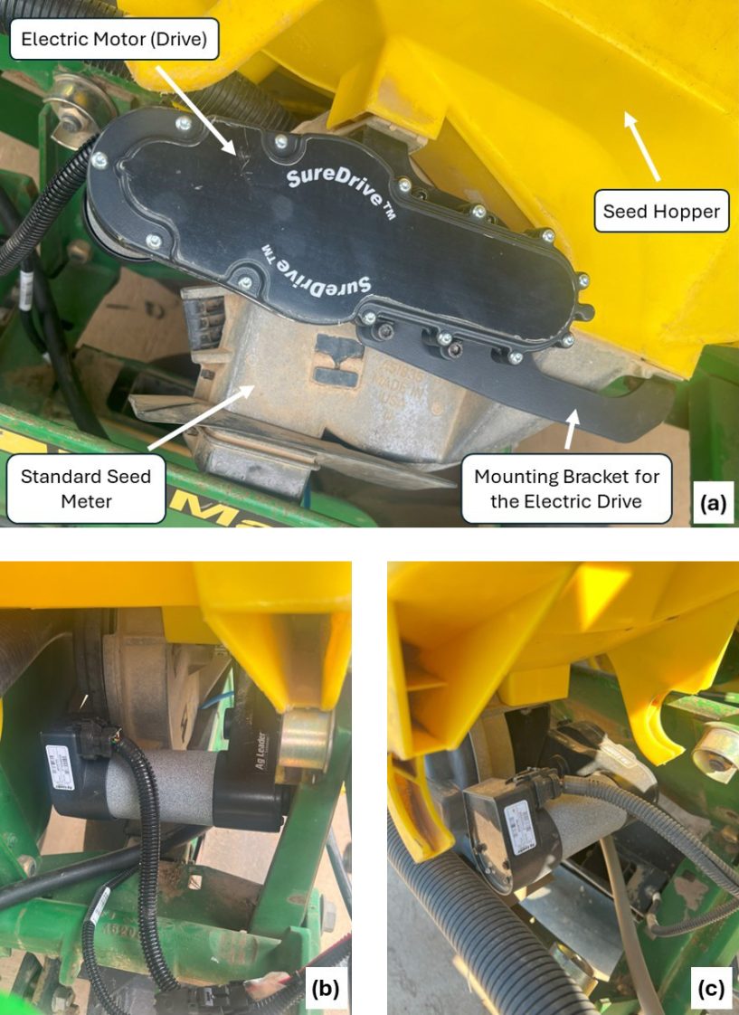 Figure 3. (a) Example of an electric drive (AgLeader SureDrive)configured with an existing John Deere standard seed meter; (b and c) different side views of the electric drive installed on a seed hopper.