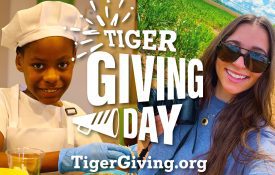 A graphic for Tiger Giving Day that includes a logo and two photos — one of a girl in a chef's hat and the other of a young lady in a corn field with a camera.