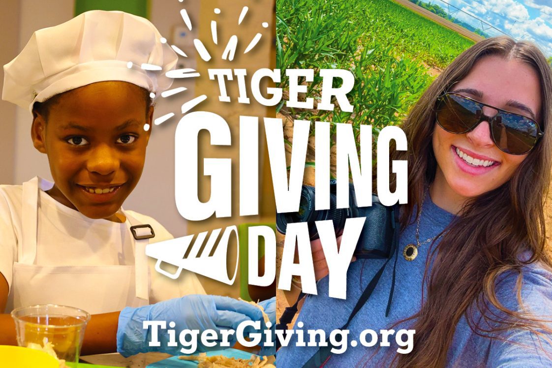 A graphic for Tiger Giving Day that includes a logo and two photos — one of a girl in a chef's hat and the other of a young lady in a corn field with a camera.