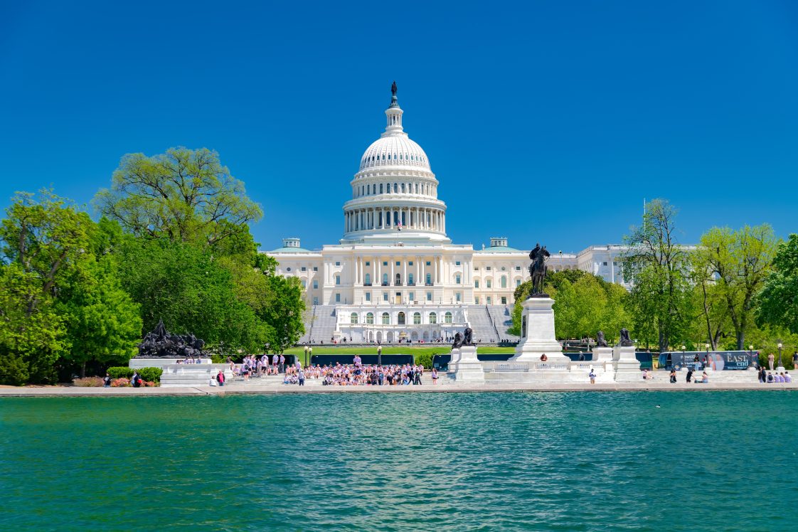The US Capitol in Washington, D.C., on April 22, 2025 in the background with a crowd gathered between it and the reflecting pool.