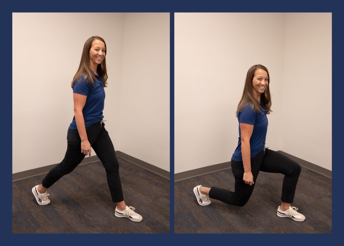 A woman demonstrating the lunge exercise.