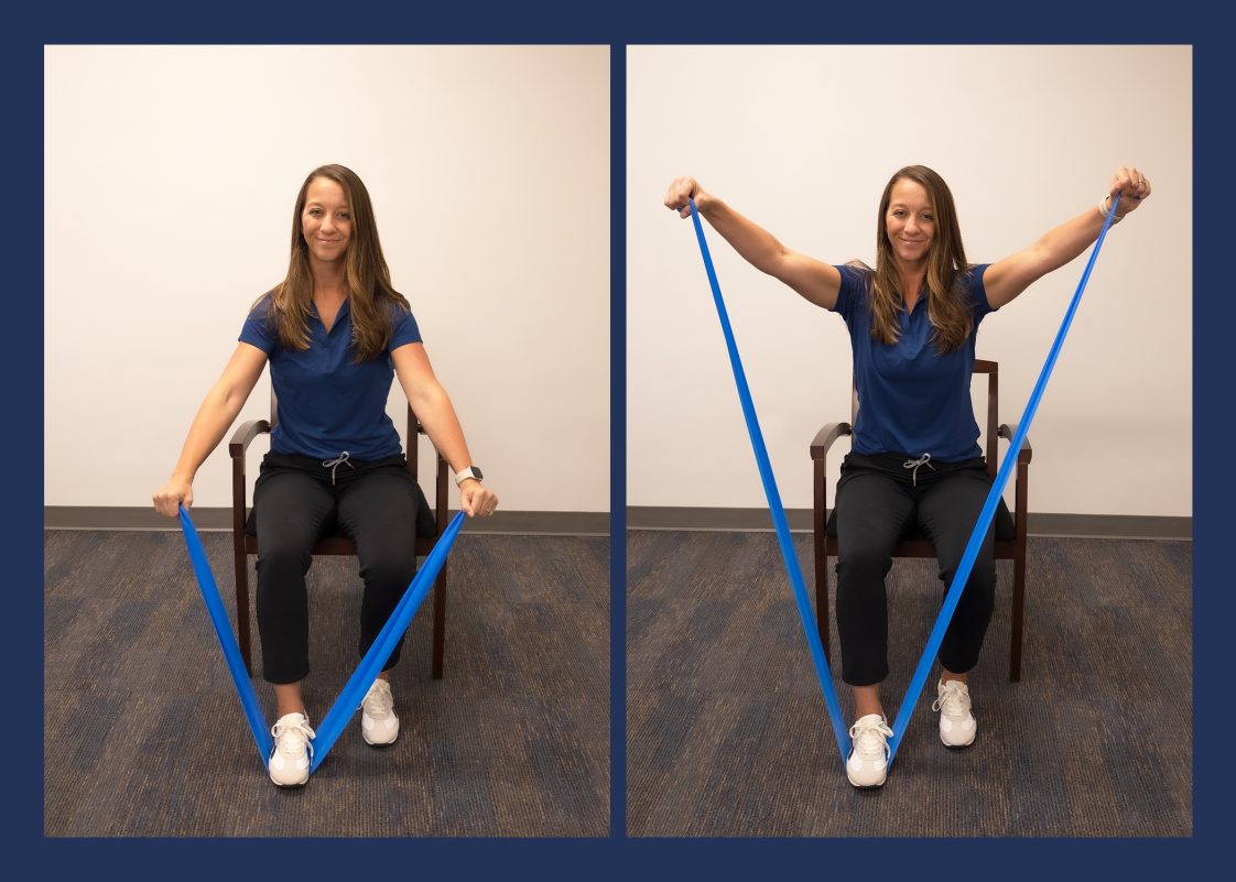 A woman demonstrating the lateral raise resistance-band exercise.
