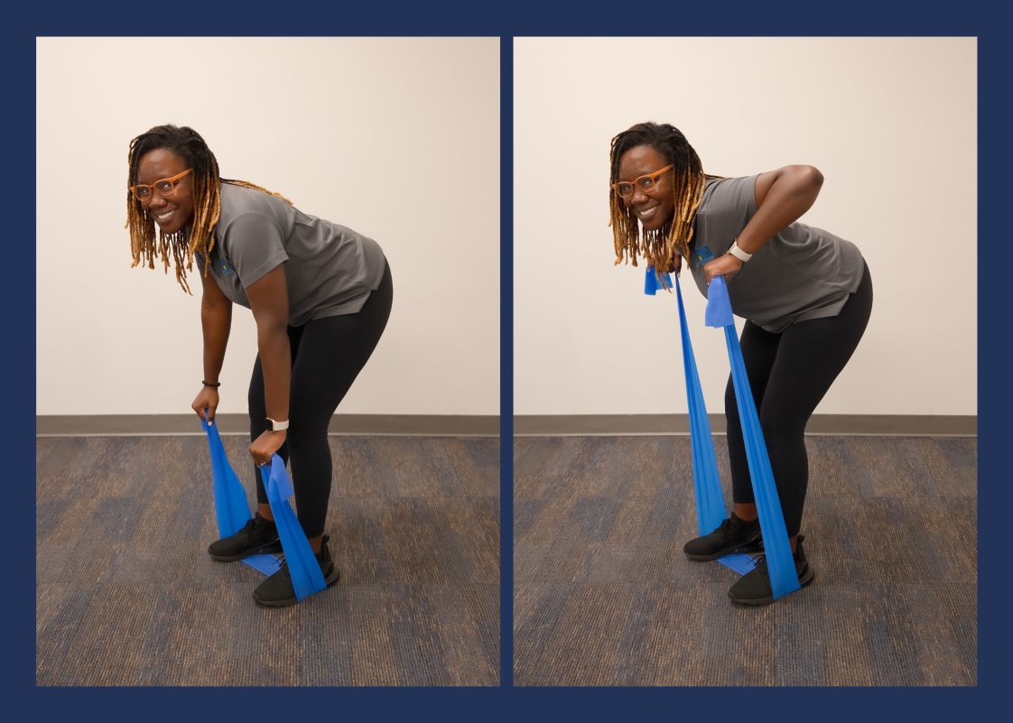A woman demonstrating the bent-over-rows resistance-band exercise.