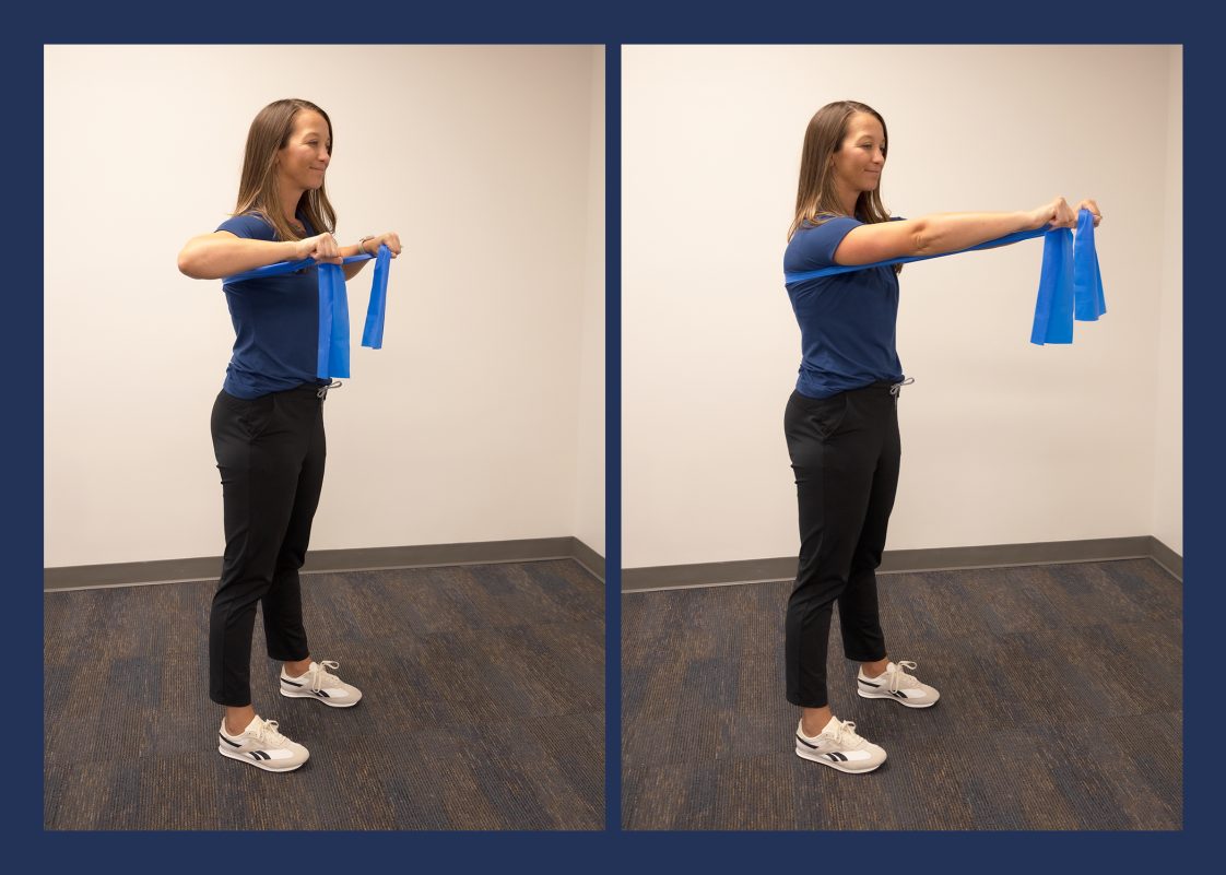 A woman demonstrating the chest press resistance-band exercise.