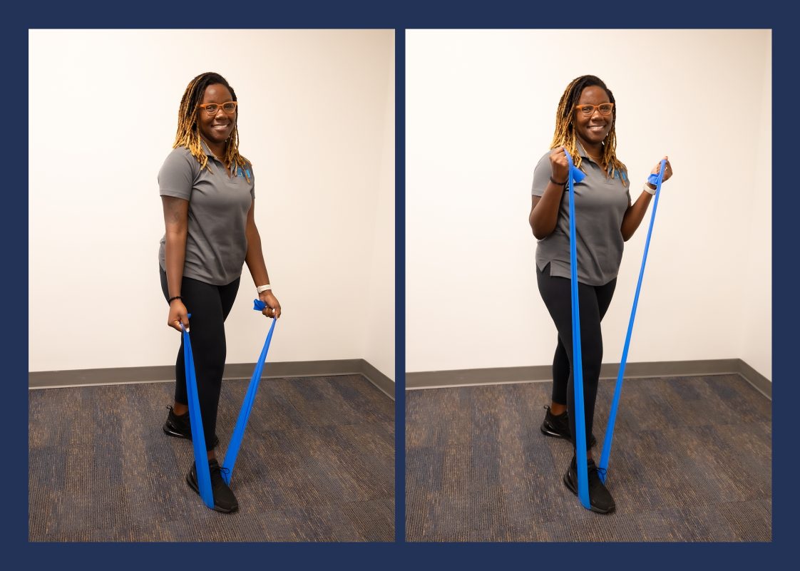 A woman demonstrating the bicep curls resistance-band exercise.